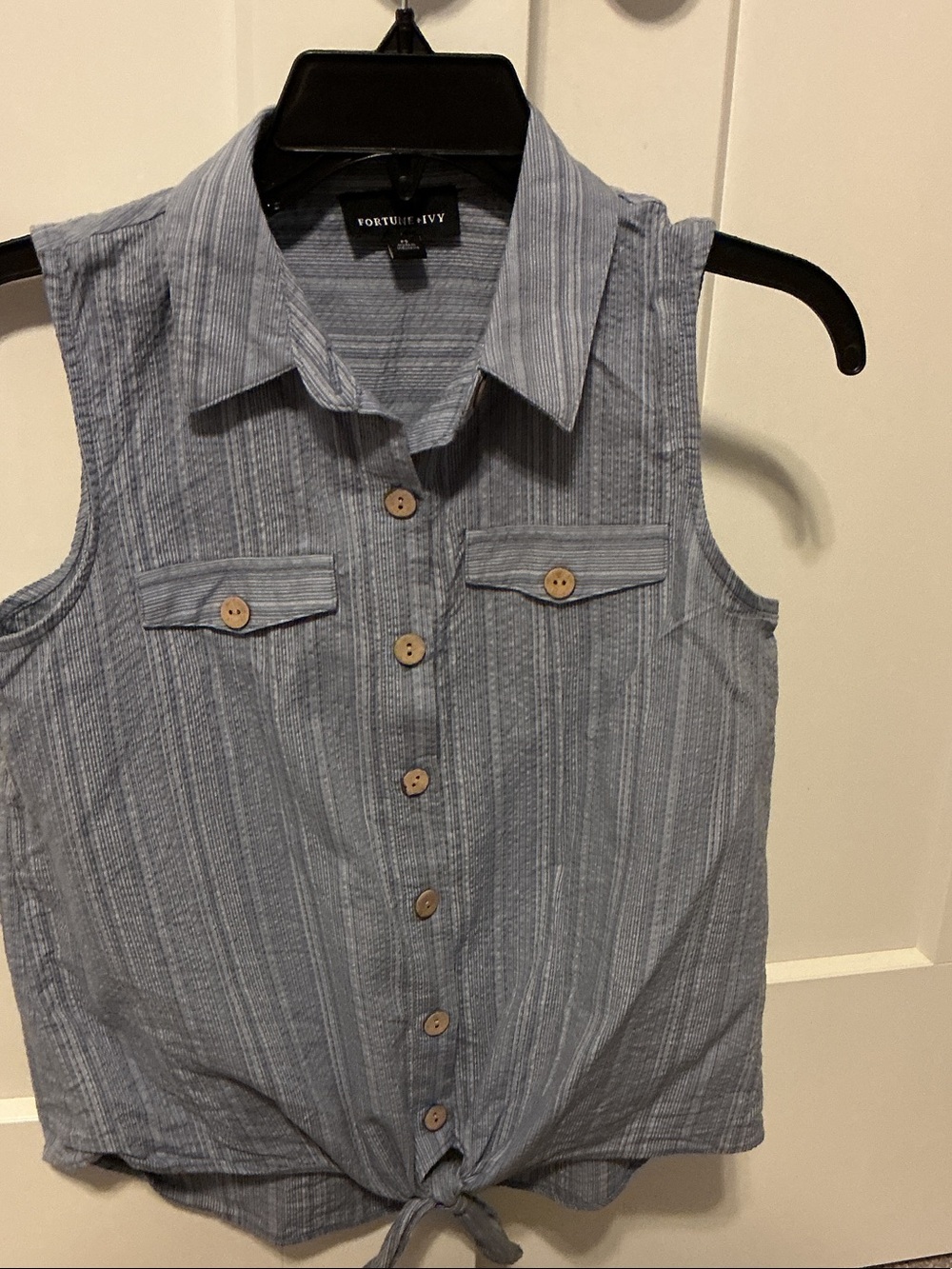Fortune & Ivy Light Blue Sleeveless Button-Front Tie Hem Shirt